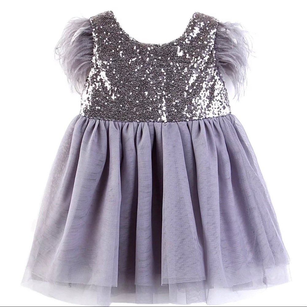 Girls Grey Sequin Tulle Boutique Party Dress